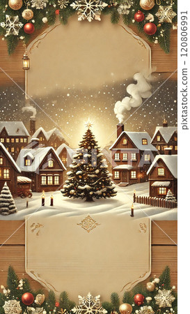 Christmas landscape with snowy houses and Christmas trees Christmas landscape with snowy houses and Christmas trees 120806991