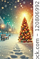 聖誕樹在雪夜閃閃發光 120806992