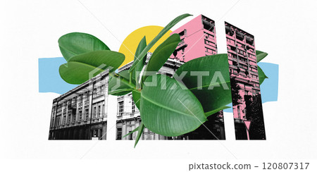 Contemporary art collage. Traditional city architecture with modern high-rise buildings and vibrant green leaves under yellow sun. 120807317