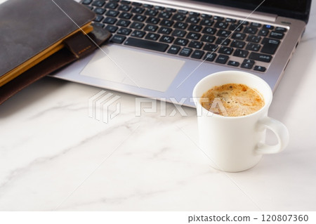 An image of someone working at a desk with a laptop and a personal organizer while drinking freshly brewed delicious coffee An image of someone working at a desk with a laptop and a personal organizer while drinking freshly brewed delicious coffee 120807360
