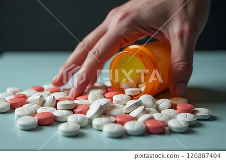 close up of woman with pills and capsules 120807404
