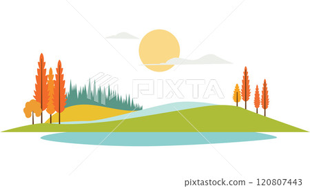 River Lake Nature Landscape with Hill Mountain and Sun in Bright Sky in Autumn Fall Season River Lake Nature Landscape with Hill Mountain and Sun in Bright Sky in Autumn Fall Season 120807443