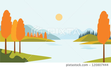 River Lake Nature Landscape with Hill Mountain and Sun in Bright Sky in Autumn Fall Season River Lake Nature Landscape with Hill Mountain and Sun in Bright Sky in Autumn Fall Season 120807444