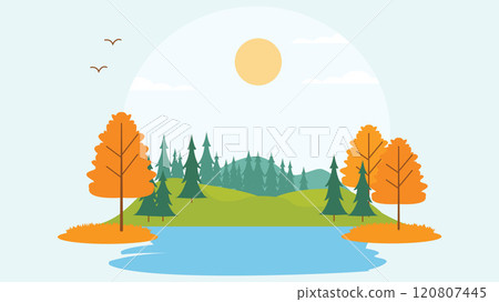 River Lake Nature Landscape with Hill Mountain and Sun in Bright Sky in Autumn Fall Season River Lake Nature Landscape with Hill Mountain and Sun in Bright Sky in Autumn Fall Season 120807445