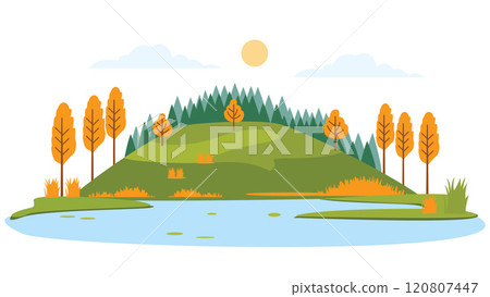 River Lake Nature Landscape with Hill Mountain and Sun in Bright Sky in Autumn Fall Season River Lake Nature Landscape with Hill Mountain and Sun in Bright Sky in Autumn Fall Season 120807447