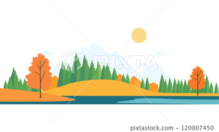 River Lake Nature Landscape with Hill Mountain and Sun in Bright Sky in Autumn Fall Season 120807450