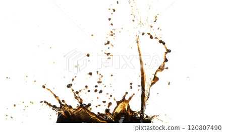 Black Coffee, tea, espresso, cola pouring and splash as crown water. Coffee, tea, espresso, cola explode bubble splash in mid air. White background isolated photo with gold glitter Black Coffee, tea, espresso, cola pouring and splash as crown water. Coffee, tea, espresso, cola explode bubble splash in mid air. White background isolated photo with gold glitter 120807490