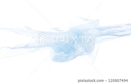 Blue sky Organza fabric flying in curve shape, Piece of textile blue sky organza fabric throw fall in air. White background isolated motion blur 120807494