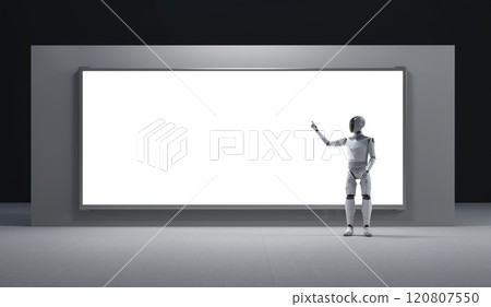 Humanoid robot or ai cyborg with blank white led advertising board 120807550