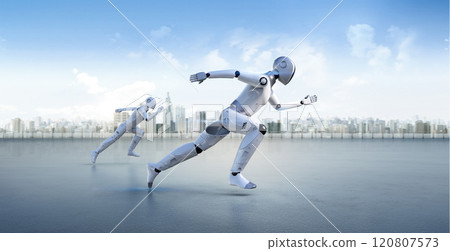 Artificial intelligence robot for smart city with 3d rendering assistant robot run or move ahead in city 120807573