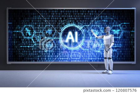 Ai technology with humanoid robot with hud graphic interface Ai technology with humanoid robot with hud graphic interface 120807576