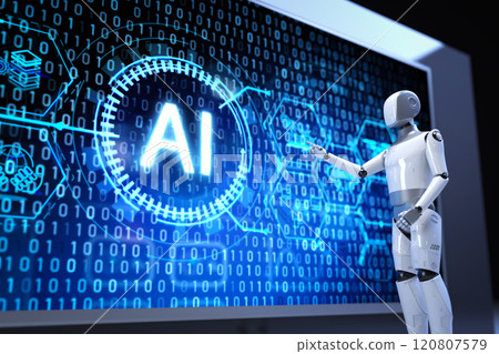 Ai technology with humanoid robot with hud graphic interface 120807579