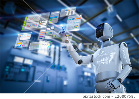 Ai technology with humanoid robot with hud graphic interface 120807583