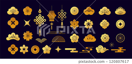 Gold Chinese, Asian abstract colorful elements, flowers, lucky coins, Chinese lanterns, background 120807617