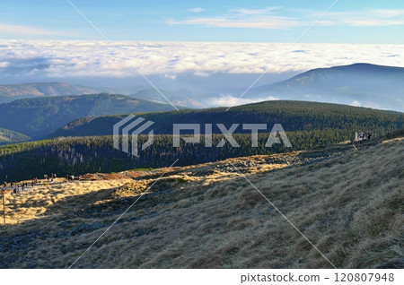 Snezka, the highest mountain of Czech Republic, Giant Mountains - Krkonose National Park, Czech Republic and Poland - Europe. Snezka, the highest mountain of Czech Republic, Giant Mountains - Krkonose National Park, Czech Republic and Poland - Europe. 120807948