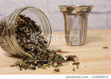 Medicinal Herbal Tea Blend on Kitchen Table Medicinal Herbal Tea Blend on Kitchen Table 120808032