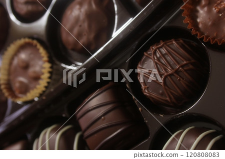 Box of Assorted Chocolate Candies For Gift Close up Box of Assorted Chocolate Candies For Gift Close up 120808083