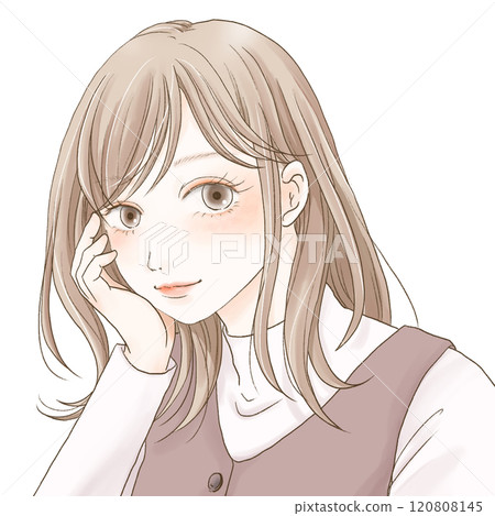 A medium-haired woman with brown hair smiling while leaning on her chin A medium-haired woman with brown hair smiling while leaning on her chin 120808145