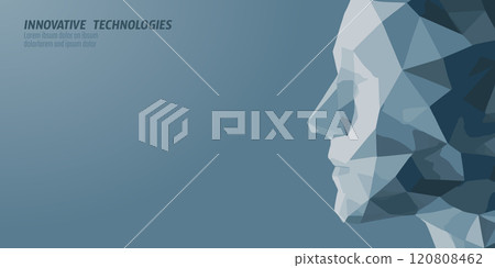 Low poly human profile head. Male profile face side view. Innovation technology creative thinking vector illustration Low poly human profile head. Male profile face side view. Innovation technology creative thinking vector illustration 120808462