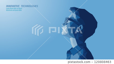 3D virtual reality helmet education concept. Augmented reality cyberspace internet web classes distant online battle. Digital entertainment. Light vector illustration 120808463