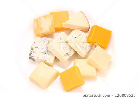 Various cheeses: Gorgonzola, Cheddar, Gouda, Mimolette on a light background 120808523