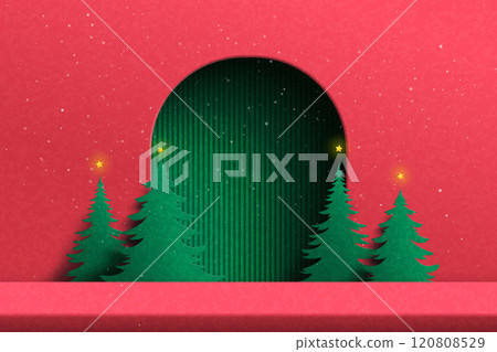 Merry Christmas and Happy new year background. Red background decorated with christmas tree and stars..Paper art vector illustration. 120808529