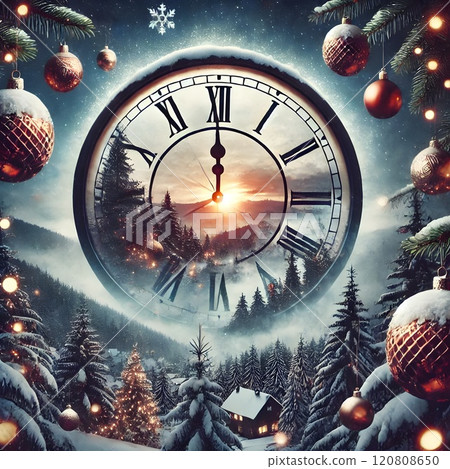A clock in double exposure floats above a snowy forest. Inside are Christmas ornaments and a mysterious glow shimmering in the winter night sky, adding a touch of wonder. 120808650