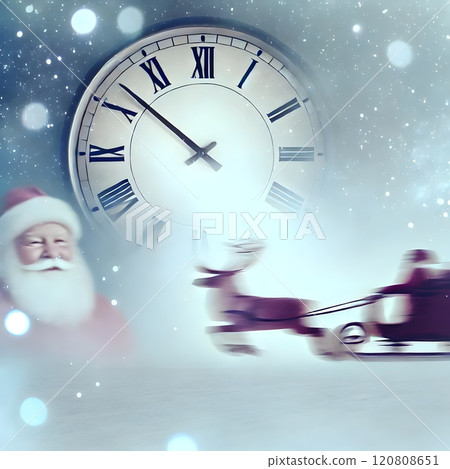 A clock in double exposure floats above a snowy forest. Inside are Christmas ornaments and a mysterious glow shimmering in the winter night sky, adding a touch of wonder. A clock in double exposure floats above a snowy forest. Inside are Christmas ornaments and a mysterious glow shimmering in the winter night sky, adding a touch of wonder. 120808651