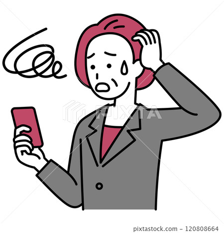 一名身穿西裝的中年婦女在使用智慧型手機時遇到了麻煩。 120808664