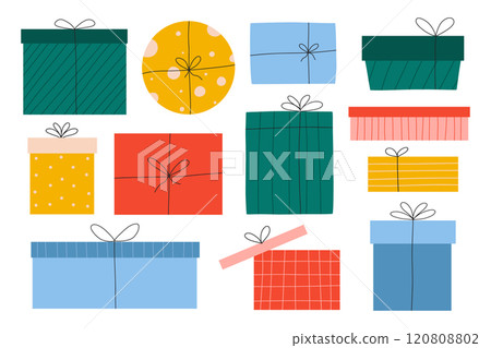 Set of gift boxes. Collection of gifts for the holidays. Vector illustration. Flat style. Drawn gifts isolated on a white background. 120808802