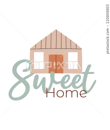 Sweet home postcard. Vector illustration with houses in boho style. Flat style. Postcard with sweet home lettering. 120808803