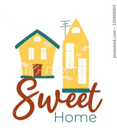 Sweet home postcard. Vector illustration with houses in boho style. Flat style. Postcard with sweet home lettering. 120808805