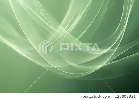 Abstract mute green liquid metal background. Holographic techno smooth gradient waves industrial backdrop. Shining bent surface with ripples, reflections. Swirl green fluid melting wavy flowing motion 120808921