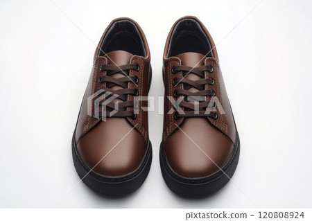 Dark brown leather lace-up running shoes with low tops, thick soles. The laces and black rubber outsole. Sporty look. Men to wear during outdoor activities, hiking. Brown shoes. Trendy Male Boots Pair 120808924