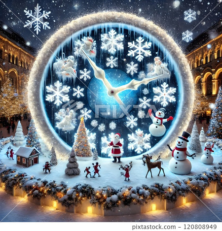 Giant snowy clock showing the countdown to Christmas, each hand marking a magical moment of anticipation. 120808949