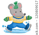 A mouse in a cute sweater sliding on ice 120809017