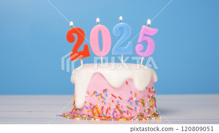 Happy New Year 2025, cute cake with colorful candle number 2025 for new year celebrate party was lit. flame at candlewick sway and flicker with blue background, horizontal 120809051