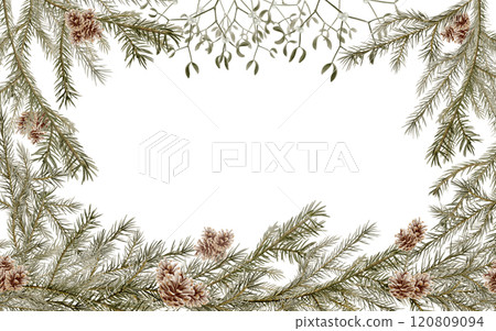Vintage Christmas rectangular frame of spruce branches with pinecones and mistletoe branches as a symbol of holiday,miracle.Watercolor template on white background for cards,invitations,greetings 120809094