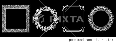 Set of decorative frames Elegant vector element for design in Eastern style, place for text. Floral black and white borders. Lace illustration for invitations and greeting cards. Set of decorative frames Elegant vector element for design in Eastern style, place for text. Floral black and white borders. Lace illustration for invitations and greeting cards. 120809123