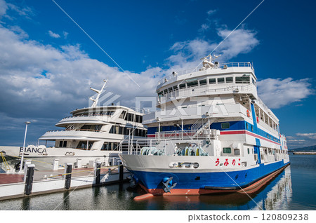Tourist boat Bianca and learning boat Uminoko anchored at Otsu Port in Lake Biwa 120809238