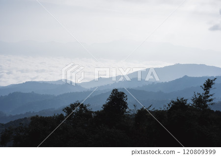 landscape and travel concept with sunrise and layer of mountain and mist with forest on morning 120809399