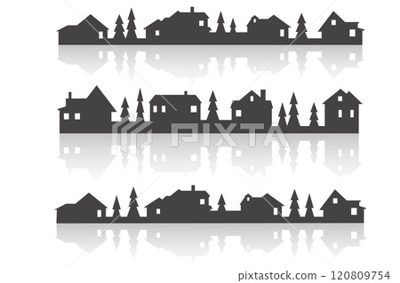 Town and village houses on skyline. Silhouette of small buildings in neighborhood on white background. Christmas rural simple drawing. Winter country landscape with trees in night. Vector Town and village houses on skyline. Silhouette of small buildings in neighborhood on white background. Christmas rural simple drawing. Winter country landscape with trees in night. Vector 120809754