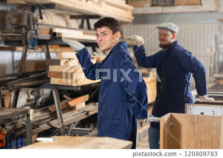 Two funny sawmill workers perform various funny moves 120809783