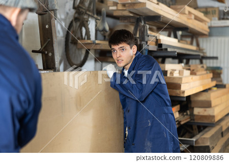 Young men carrying wooden board in workshop Young men carrying wooden board in workshop 120809886