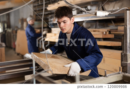 Young guy putting wooden board on cutting machine 120809986