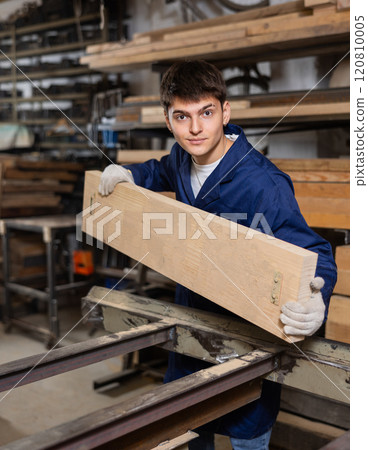 Young guy putting wooden board on cutting machine 120810005