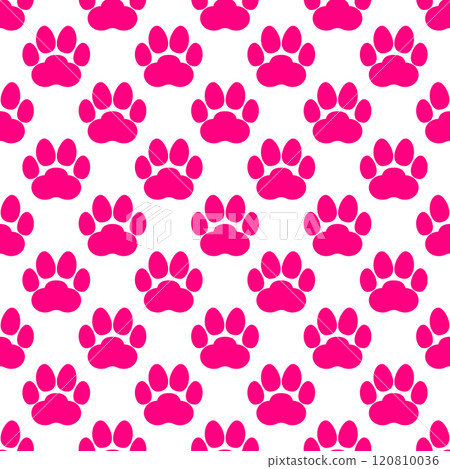 Pink paw print seamless repeating background pattern. Cat or dog footprints. Vector illustration.  120810036