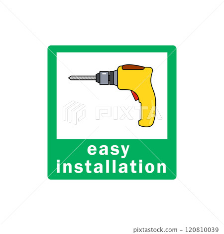 Easy simple installation icon with drill symbol. Isolated vector illustration and sign. Design template for website elements, sticker, tag and other use. 120810039