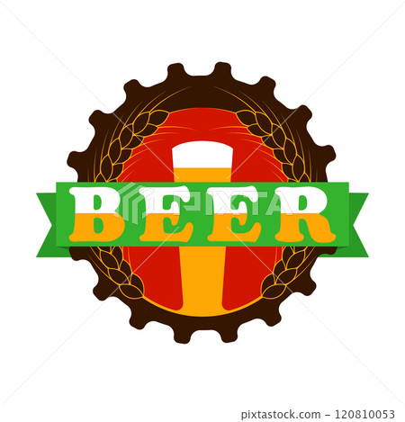 Design template beer theme. Vector illustration on white background. Beer glass, ribbon, wheat wreath and beer bottle cap.  120810053