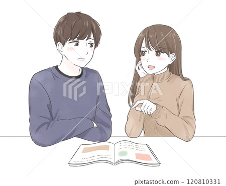 一對夫婦一邊看著目錄一邊交談的插圖，臉上露出焦慮的表情 120810331